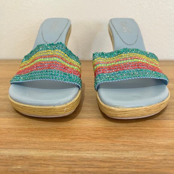 Mudd Vintage Shenna Rainbow Beaded Wood Detail Heels Light Blue 90s Y2K Size 10 - Picture 4 of 11